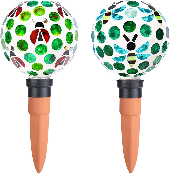 Terracotta Plant Watering Globes Mosaic Self Watering Spikes 2 Pack for Indoor Outdoor Plants Automatic Plant Waterer Plant Watering Devices for Garden Home Decor, Green