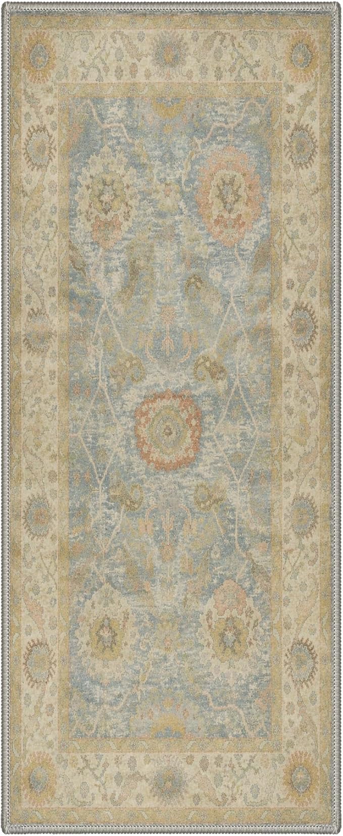 2X5 Washable Hallway Runner Rug, Boho Vintage Floral Non Slip | Dusty Blue Floral Runner, Soft Faux Wool Rug for Corridor Kitchen Entryway, Stain Resistant, Pet-Friendly, Non-Shedding, Thin