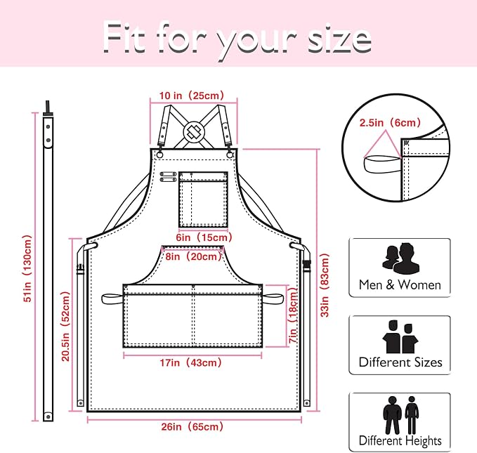 10 Pack Kitchen Apron, Work Apron, Canvas Apron, Pink | Multiple Pockets, Gardening, Painting, BBQ, Artist, Carpenter, Sizes M to XXL