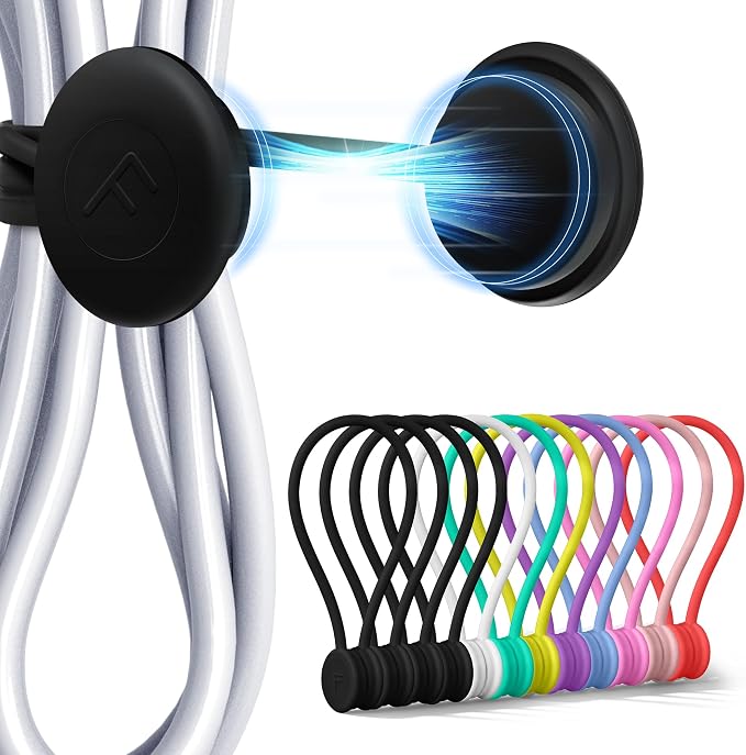 COOLMI Magnetic Cable Ties 12 Pack, 6.88 Inch Reusable Silicone Cord Organizer Wraps, Magnetic Cable Straps for Charging Cords, USB Cables, Earbuds, Travel, Black & Assorted