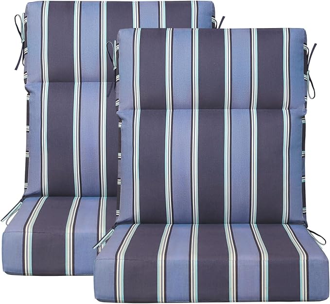 Outdoor Patio Chair Cushions 44x21x3.5 inch, Set of 2 Thicken Comfy Cushions for Rocker Non Slip Fade Shield Water Repellent High Back with Ties, Navy Blue Stripe