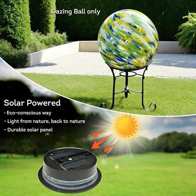Lily's Home Gazing Ball - 10" Glass Globe with Solar Powered Lights - Outdoor Solar Lights for Yard & Patio - Garden Decor - Automatic On/Off Photosensitive Switch - Meadow Breeze