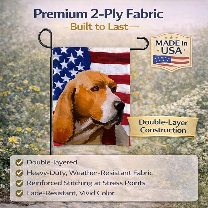 Caroline's Treasures CK6409GF Artois Hound Dog American Flag Garden Flag Mailbox Flag Decorative Yard Flag Banner Outside Patio Artwork Yard Flower Beds, Garden Size, Multicolor