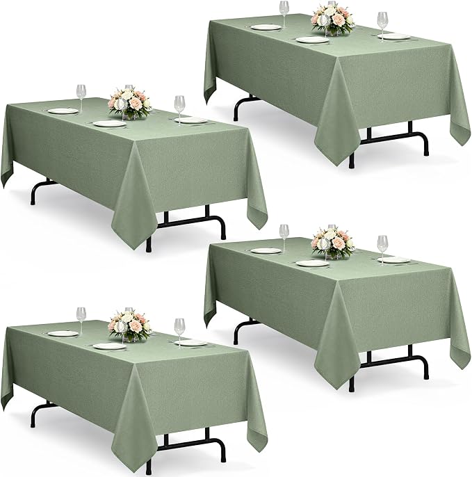 Decorelia Sage Green Washable Table Cloths for 8 Ft Rectangle Tables-4 Pack, Washable Polyester Rustic Faux Linen Rectangular Table Cloth Cover for Wedding,Outdoor,Events, Party,Banquet, 60x120 Inch
