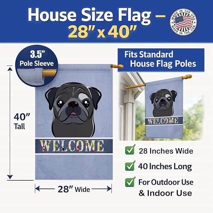 Caroline's Treasures BB1449CHF Black Pug Welcome House Flag, Blue Large Porch Sleeve Pole Decorative Outside Yard Banner Artwork Wall Hanging, Polyester, House Size, Multicolor