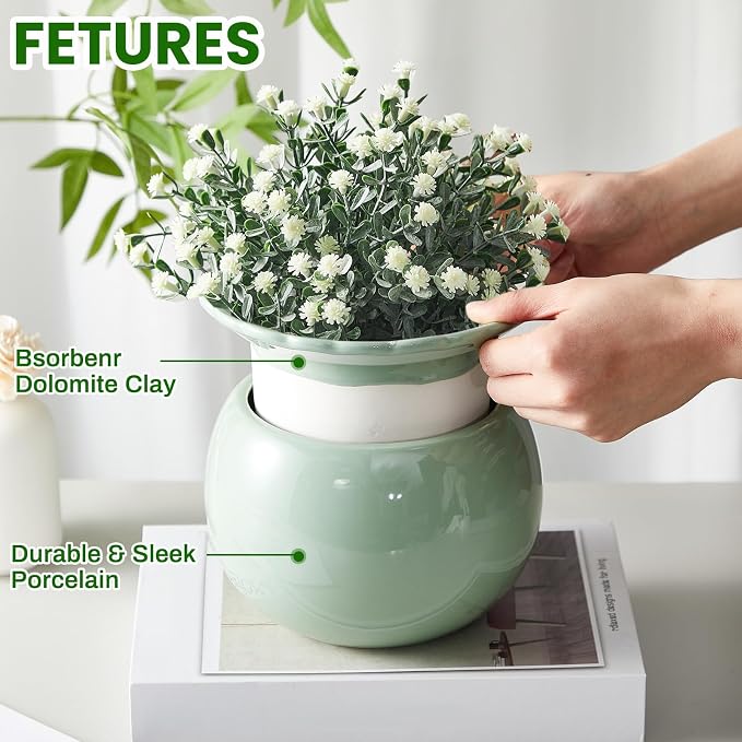 Suclain 2 Pcs African Violet Pots, 6.5 Inch Self Watering Pots for Indoor Flowers and Plants Ceramic Easy Self Watering Plant Pot with Highly Absorbent Inner Planter Pot for Tropical Plants(Green)