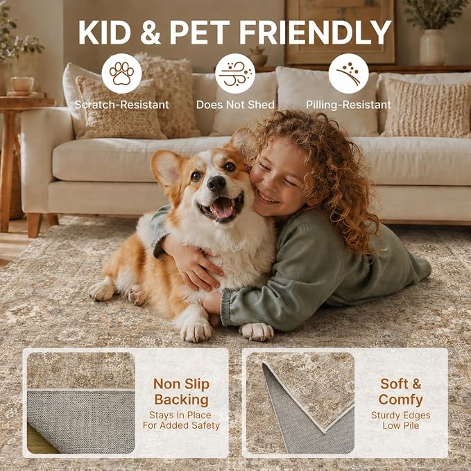 Washable 4'x6' Vintage Area Rug for Bedroom Living Room | Farmhouse Carpet For Bedroom Kitchen Office Hallway Entryway Printed Pattern Non-Slip Soft Stain-Resistant Easy To Clean