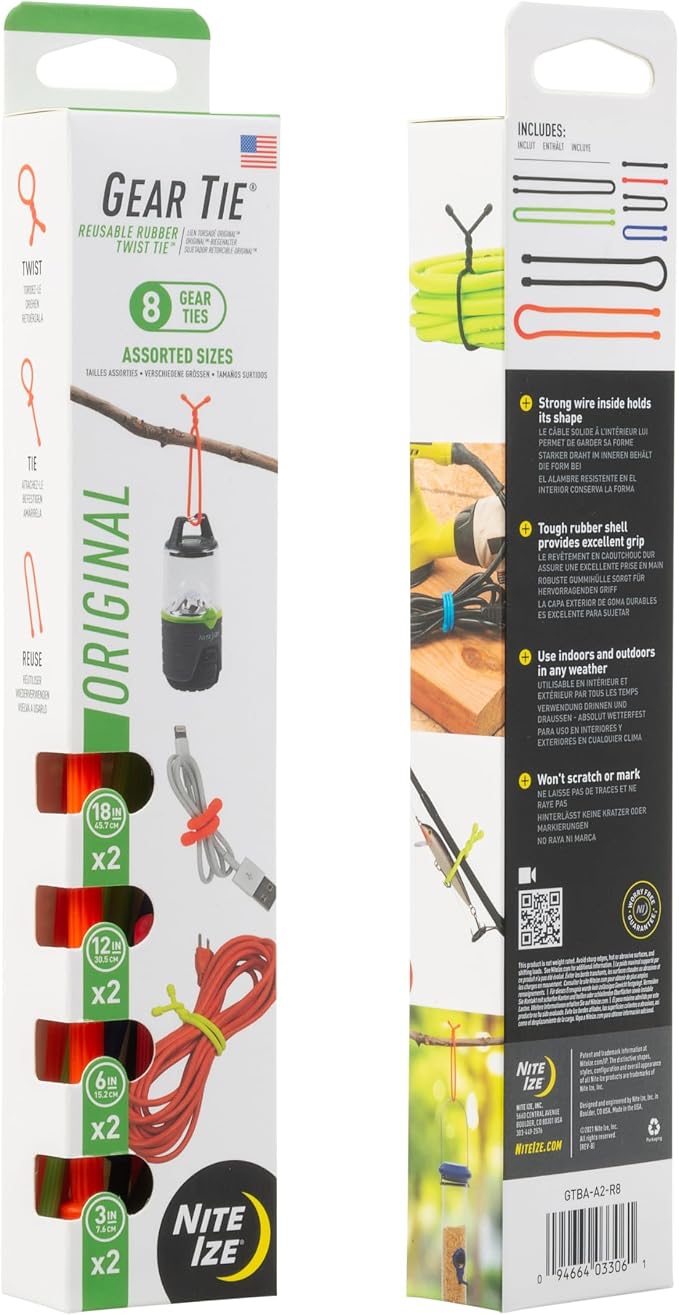 Nite Ize GTBA-A2-R8 Original Gear Tie, Reusable Rubber Twist Tie, Made in the USA, Assortment, 8 Pack