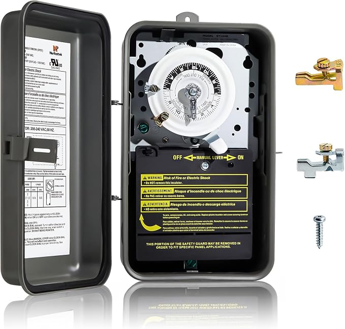 T104R 24-Hour Mechanical Timer Switch, DPST, 3R Rainproof Metal Enclosure, Heavy Duty Timer for Lighting, Pool Pumps, Commercial Defrost Systems