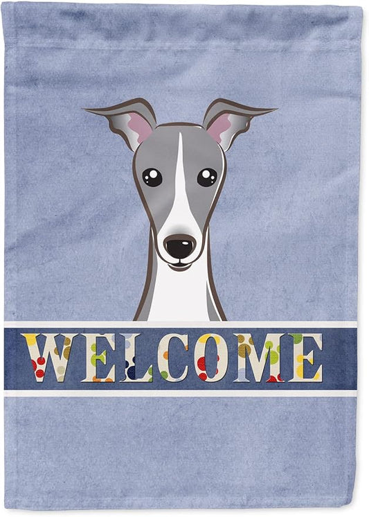 Caroline's Treasures BB1422CHF Italian Greyhound Welcome House Flag, Blue Large Porch Sleeve Pole Decorative Outside Yard Banner Artwork Wall Hanging, Polyester, House Size, Multicolor