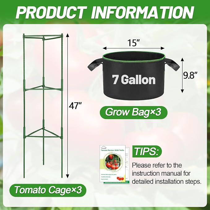 ANPHSIN Sturdy Triangle Tomato Cage with Movable 7 Gal Grow Bags - 3 Sets 47'' Plants Garden Trellis Planters, Support for Indoor Outdoor Beans, Peppers, Eggplants, Climbing Vegetables