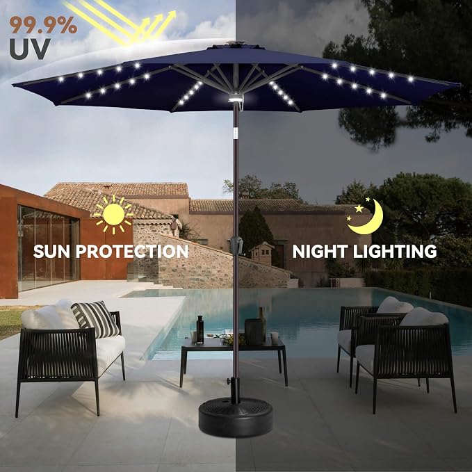 10ft Solar Umbrella Outdoor - Lighted Solar Patio Umbrella with 40 LED Lights Waterproof UV Protection, Table Umbrella with Tilt for Pool, Porch, Garden, Deck, Backyard (Navy Blue)