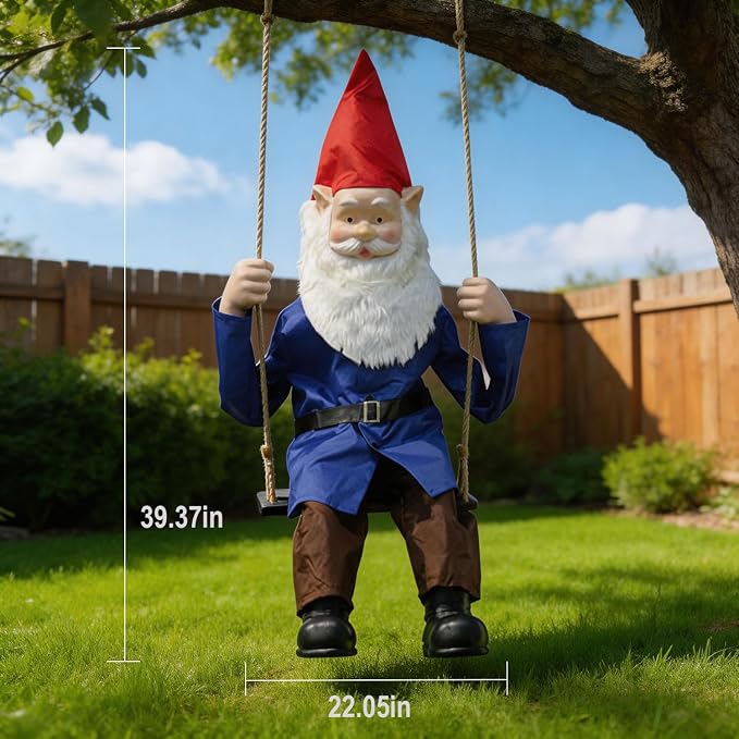 LarpGears Outdoor Spring Gnome Decor with Swing - Waterproof Yard and Garden Decorations, Realistic Hanging Gnome for Patio, Tree, or Yard