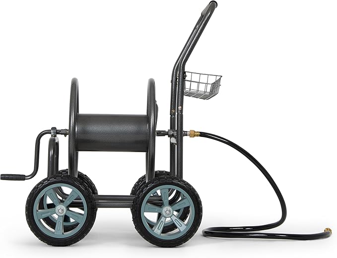 Backyard Expressions 4‑Wheel Garden Hose Reel Cart with Storage Basket, Hand‑Crank Rewind, Rust‑Resistant Hammertone Gray Finish, Brass Connectors