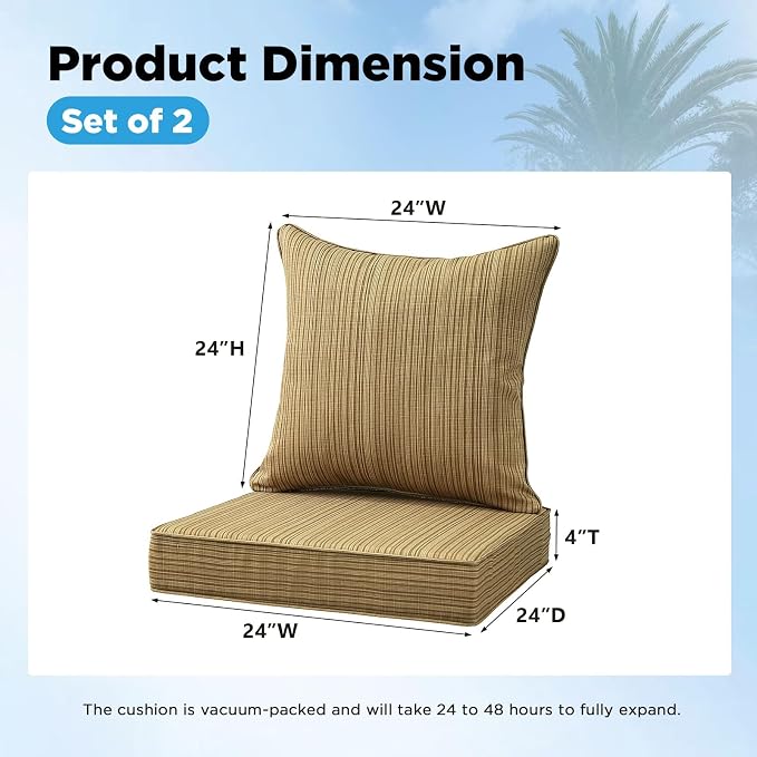 Outdoor Deep Seat & Back Cushion Set (2-Pack), 24 x 24 Inch Water Repellent and Fade Resistant Patio Furniture with Removable Cover for Outside Sofa Couch, Grey Linen Stripe