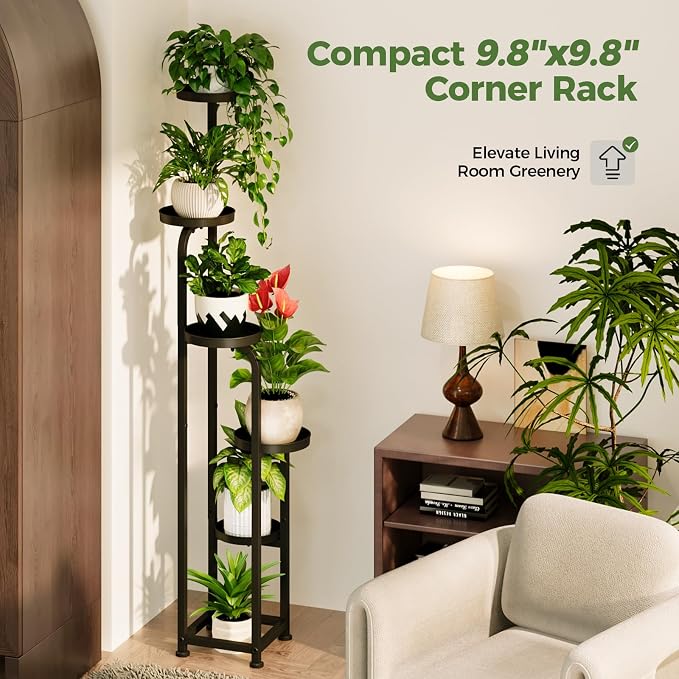 Bamworld Tall Plant Stand Indoor Outdoor, Corner Metal Flower Pot Stands for Multiple Plants, 5 Tier Heavy Duty Plant Shelf for Patio Garden Balcony Living Room Bedroom