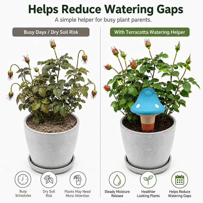 Terracotta Watering Spikes 4 Pack, Cute Self Watering Plant Spikes, Clay Plant Watering Devices, Slow Release Self Watering Planter Insert for Indoor Outdoor Potted Plants (Mushroom) | Porous terracotta, Top refill design, Decorative owl shape, Easy pl...