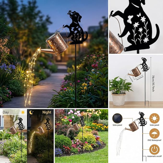 Solar Watering Can with Metal Cat and Dog Figures, Hanging Garden Decoration, Outdoor Garden Gift for Women