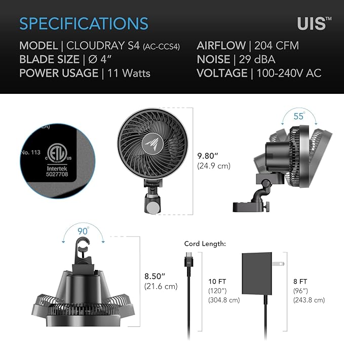 AC Infinity CLOUDRAY S4, Ultra-Compact Grow Tent Clip Fan 4”. | Precision 10 Dynamic Wind Speeds, 10-Level Oscillation, IP-54 Weatherproof, High-Velocity Air Circulation for Grow Tents