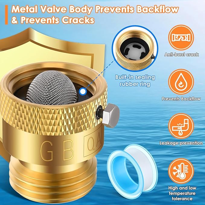 Drip Irrigation Faucet Adapter 25 PSI, 1/4" Tubing Quick Connect to 3/4" Garden Hose with Backflow Preventer, Filter, Tape, Pressure Regulator, Copper Drip Irrigation System Fittings (8 Pack)