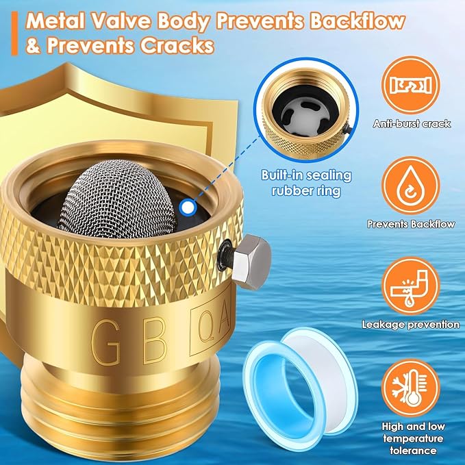 Drip Irrigation Faucet Adapter 25 PSI, 1/4" Tubing Quick Connect to 3/4" Garden Hose with Backflow Preventer, Filter, Tape, Pressure Regulator, Copper Drip Irrigation System Fittings (4 Pack)