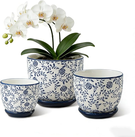 Ceramic Plant Pots - 3.5+4.6+5.6 Inch Flower Pots with Drainage Holes and Saucers - Planters for Indoor Plants Orchid, Herbs, Succulent, Cactus, Home Decor, Set of 3, Vintage Blue, Floral