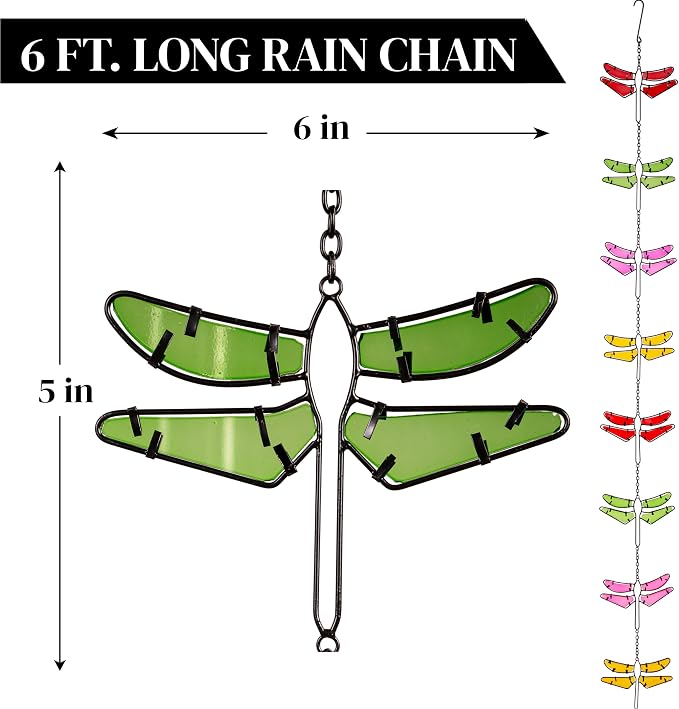 Evergreen Garden Dragonfly Stained Glass Metal Rain Chains for Gutters | 6 Ft. Rain Catcher Chain Replacement Downspout | Decorative Rain Chains for Outside Garden Balcony Porch