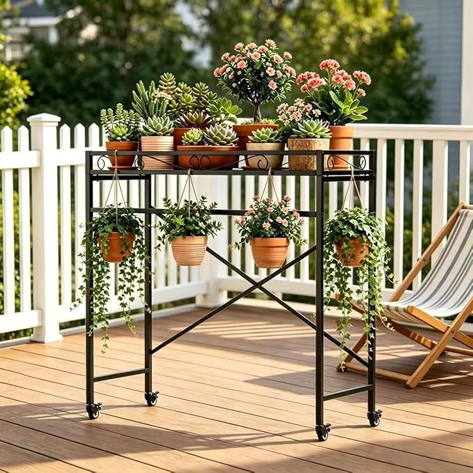 Zhongma 1 Tier Window Height Sturdy Metal Plant Stand with Wheels, 40.5x16x40.4 in High, Heavy Duty Succulent Shelf for Home Indoor and Outdoor, 220 LBS Capacity & Heavy Duty Construction