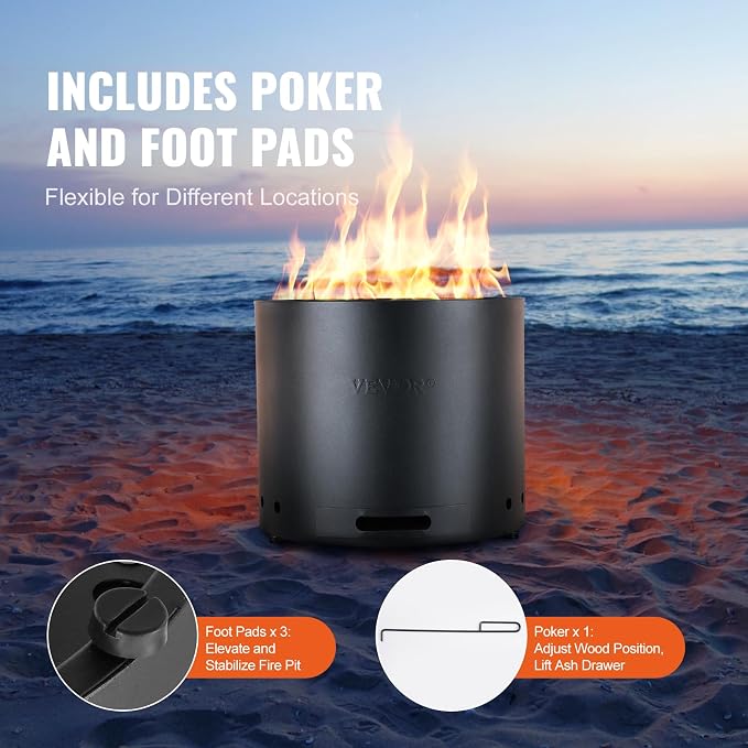 VEVOR Smokeless Fire Pit Stove Bonfire, H: 12.6 in x Dia: 15 in,Wood Burning Fireplaces with Removable Ash Pan, SUS430 Stainless Steel Inner Portable Outdoor Firepit, Ideal for Outdoor Patio Camping