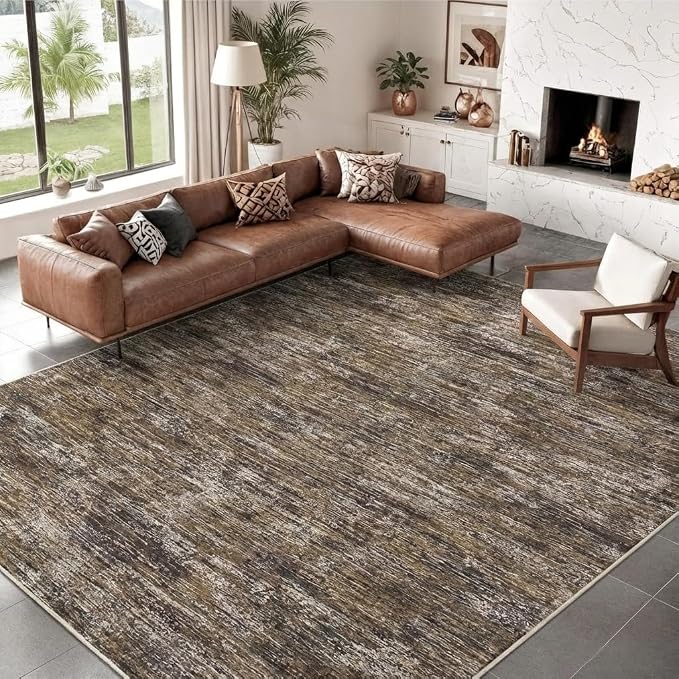 GarveeHome Bedroom Rugs 10x13 Washable Rug for Living Room Modern Solid Color Non Slip Non Shedding Area Rug Stain Resistant Low Pile Foldable Thin Mats for Dining Room, Office, Nursery, Brown