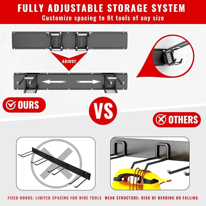 Garage Tool Organizer Wall Mount, Easy to 48inch Install Heavy-Duty Garage Storage System with 6 Adjustable Straight Hooks, Garden Tool Rack for Shovels, Rakes, Yard Tools