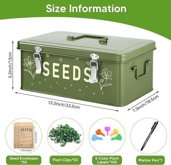 Seed Storage Organizer Box with 4 Compartments, Metal Seed Saving Container with Lockable Lid and Safety Locks, Includes 50 Envelopes, 100 Plant Labels, 50 Clips and Marker (Olive Green)