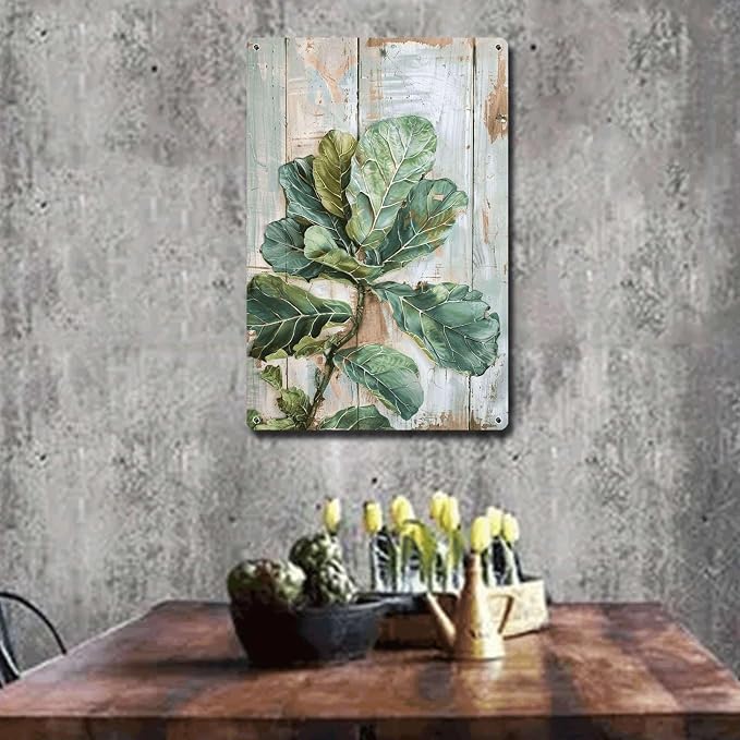 Metal Sign Tin Sign Vintage Wall Art Rustic Elegance Fiddle Leaf Tin Sign for Indoor Plant Lovers Home Decor and Easy Installation Signs for Garden for Bar 8×12 Inches