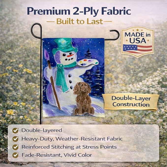 Caroline's Treasures SS1001GF Artist Snowman with Boykin Spaniel Garden Flag Mailbox Flag Decorative Yard Flag Banner Outside Patio Artwork Yard Flower Beds, Garden Size, Multicolor