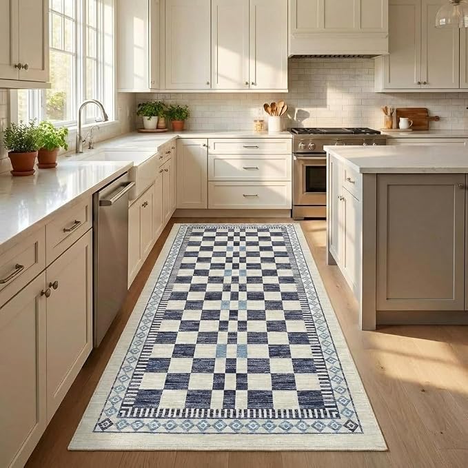 GarveeHome Runner Rug 2x10 for Kitchen Blue Contemporary Checkered Long Rug | Machine Washable Modern Abstract Runners for Bathroom Non-Slip Low Pile Easy-Clean Soft Area Rug for Bedroom Porch Hallway
