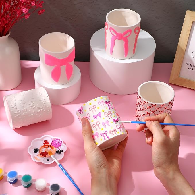 Zubebe 12 Pcs Paint Your Own Flower Ceramic Pots with Drainage Hole, 4 Style Pink Bow Unfinished Succulent Pots Painting Kit Mini Paintable Vase for Bow Party Craft Gift Girls Night DIY Art Activity