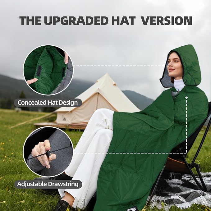 Large Waterproof Outdoor Blanket Thick Fleece 80" x 58" | Windproof Stadium Blanket, Wearable Poncho, Machine Washable for Camping, Car, Pet, Picnics - Green Hooded