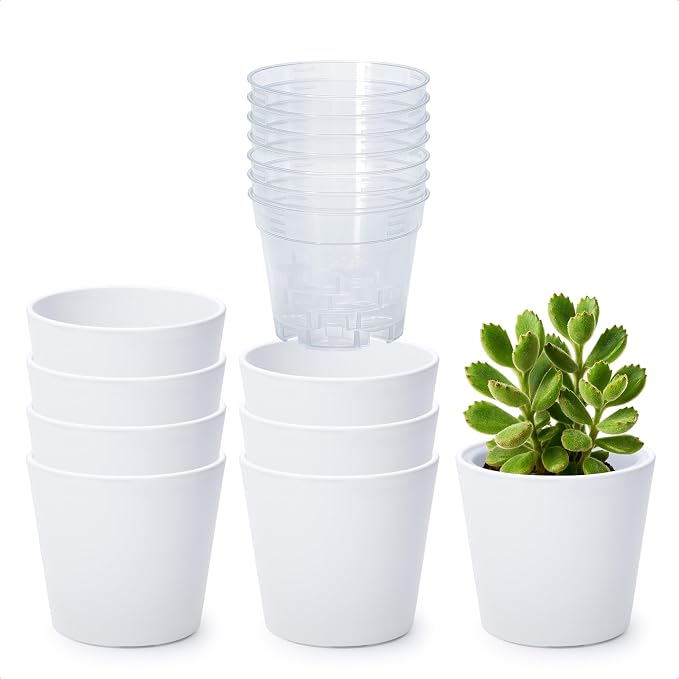 Phoenix Vine 4.5 Inch White Plastic Cachepot with Clear Nursery Pot, Decorative Lightweight Planter Cover with Transparent Inner Pot for Indoor Houseplants, Pack of 8, 24-B-D-8
