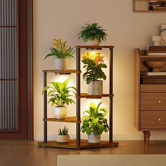 iDavosic.ly Tall Plant Stand with Grow Lights for Large & Heavy Duty Planters, 4 Tier Indoor Corner Flower Shelf with Wooden Trays & Metal Frame, Orchid Rack for Living Room Balcony, Black & Brown