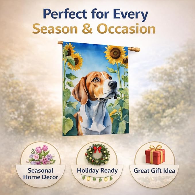 Caroline's Treasures DAC6074CHF English Foxhound in Sunflowers House Flag Large Porch Sleeve Pole Decorative Outside Yard Banner Artwork Wall Hanging, Polyester, House Size, Multicolor