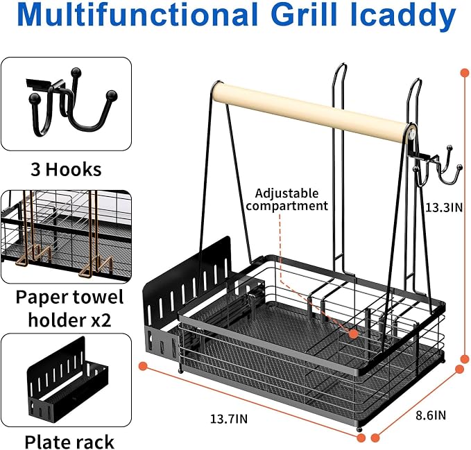 Grill Caddy with Plate Holder and 2Paper Towel Holder, Picnic BBQ Condiment Utensil Organizer Caddy for Outdoor Cooking, RV, Camping Essential, Camper Must Haves, Grilling Gifts