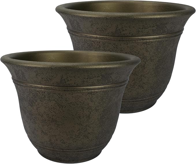 The HC Companies Sierra Round Self-Watering Pot - Lightweight Plastic Planter for Herbs & More - Durable Plant Pots for Indoor Plants & Outdoor Plants (7.5” Celtic Bronze, Pack of 2)