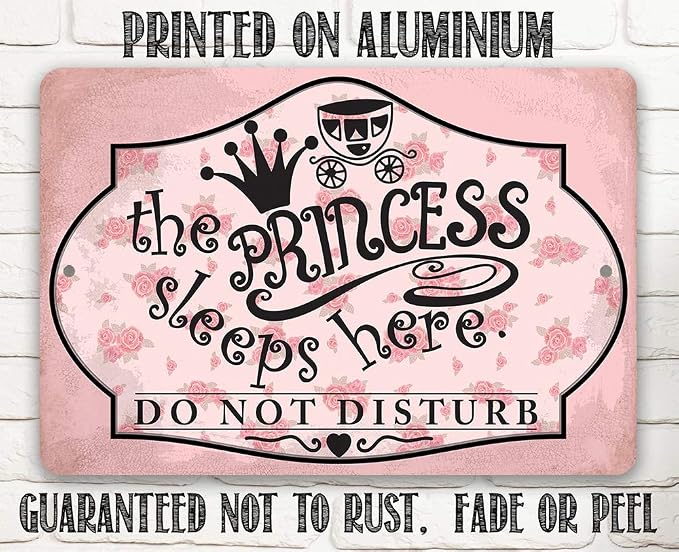 The Princess Sleeps Here - Beautiful Girls Room Decor, Pink Room for Teens and Kids, Little Girl Bedroom and Girl Cave Sign, 12x18 Use Indoors or Outdoors Durable Metal Sign