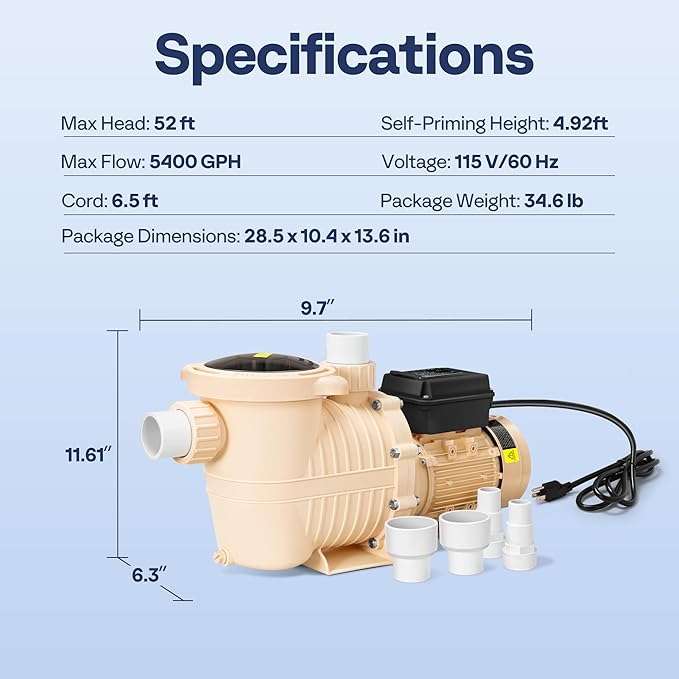 VIVOHOME 1.5HP 115V Variable Speed Pool Pump, Self-Priming Energy Saving, 1.5" & 2" Inlet w/Strainer Basket for in/Above Ground Pools