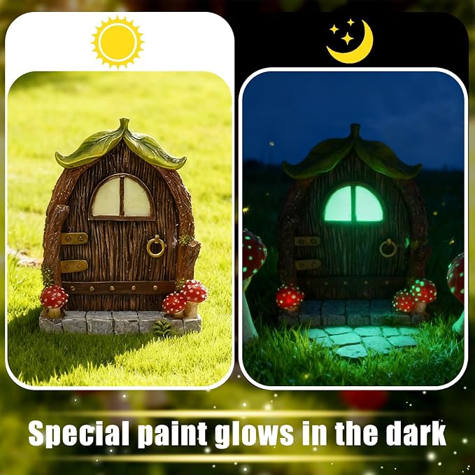 Mushroom Fairy Door for Tree, Miniature Fairy Garden House Decor Accessories, Glow in The Dark Yard Art Outdoor Statues Fairy House Kit for Gnome, Outdoor Yard, Stump, Lawn
