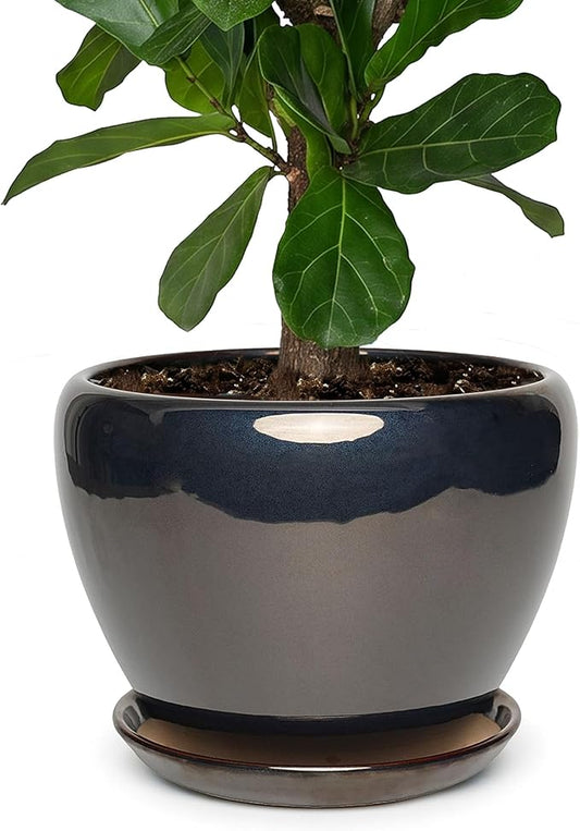 11 Inch Ceramic Plant Pot with Drainage Hole Mesh Net, Large Gardening Pots for Indoor Plants with Saucer, Black