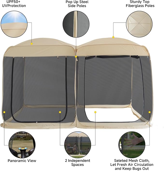 Alvantor Pop Up Screen House Tent, Instant Outdoor Gazebo with Mosquito Netting & UPF 50+ Sun Protection, Portable Canopy Shelter for Patio, Backyard, Camping (2-10 Person)