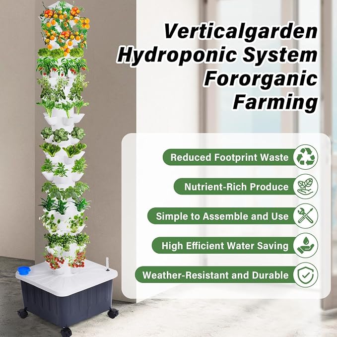 Vertical Hydroponic Grow Tower, 14-Layer 70 Slots Indoor Garden Tower with Movable Water Tank Hydrating Pump, Adapter Hydroponics Growing System Kit for Leafy Vegetables, Strawberries