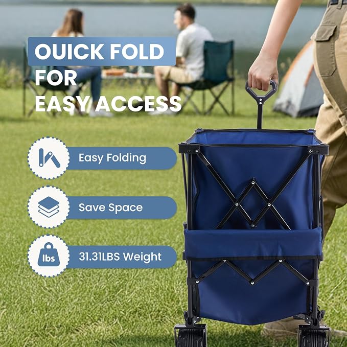 DUMOS 440LBS Heavy Duty Double Decker Wagon with 54IN Extender, 400L Large Capacity Collapsible Garden Cart, All-Terrain 7IN Wheels with Brakes, Foldable Utility Wagon for Shopping, Camping, Blue