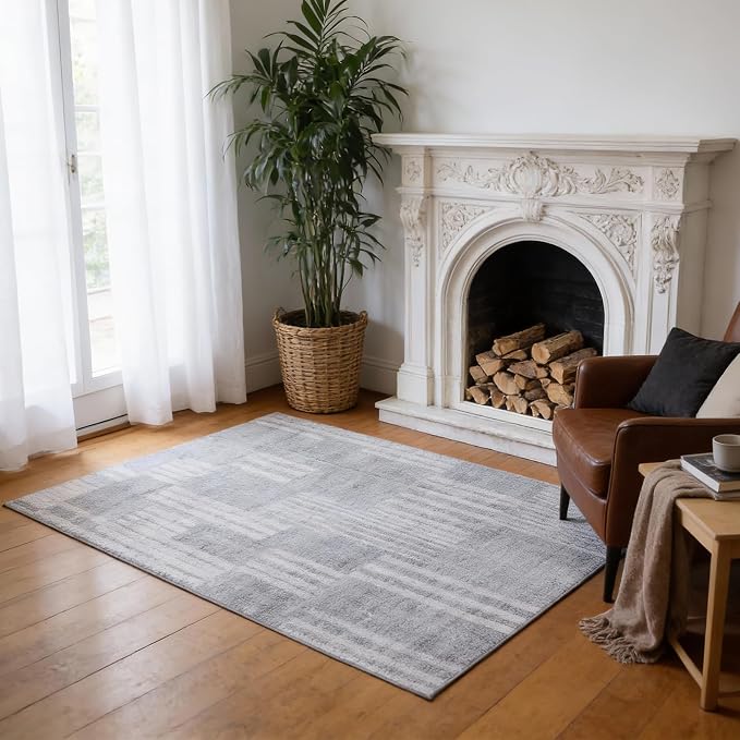 Washable Area Rugs 5'x7' Non-Slip Modern Abstract Soft for Living Room Entryway Bedroom Nursery, Print Pattern, Ash Tonal Gray